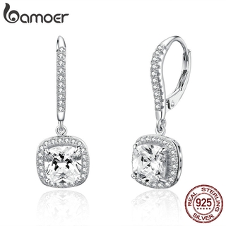 Khuyên tai bạc BAMOER 925 đính đá zircon hình vuông sce520 cho nữ
