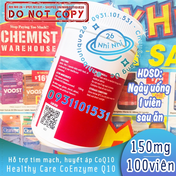 💖CÓ BILL ÚC💖 Hỗ trợ tim mạch, huyết áp Healthy Care Coenzyme Q10 150mg 100 viên 💖 CoQ10 💖 Chuẩn Chemist Warehouse - Úc