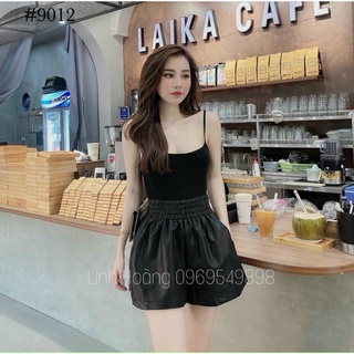 Quần sooc da chun cạp cao dáng phồng