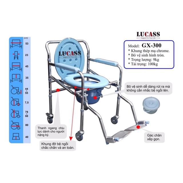 Ghế bô vệ sinh lucass GX300 có bánh xe, có để chân