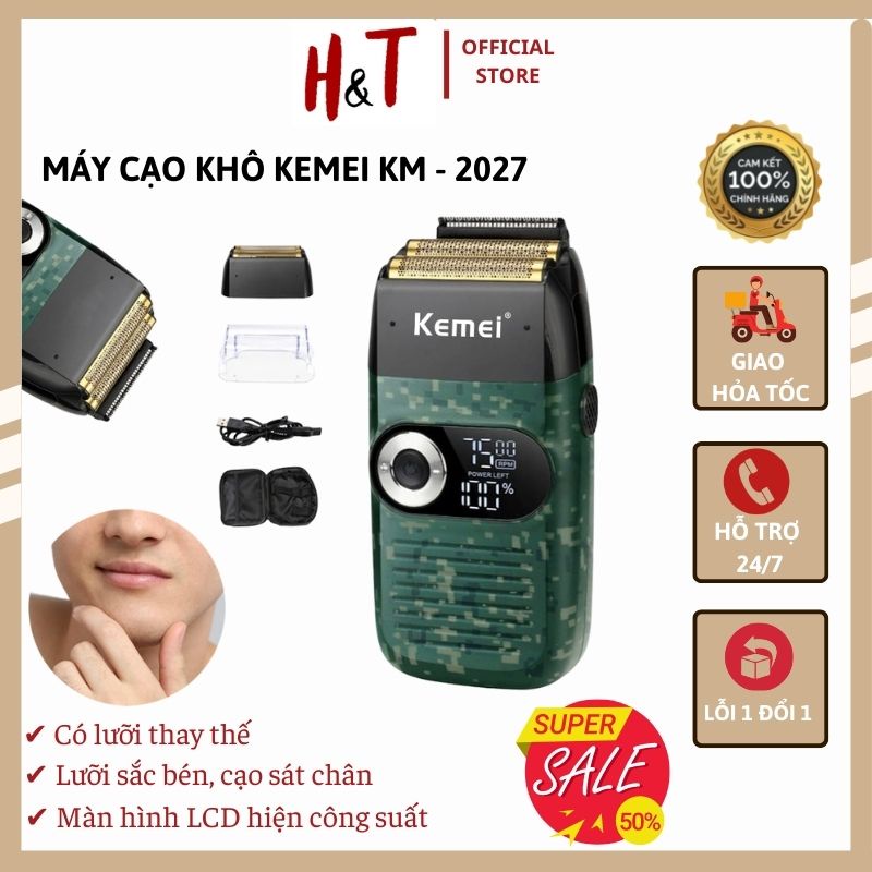 Máy cạo râu, cạo khô cao cấp KEMEI KM - 2027, có hiển thị đèn LED công suất, động cơ mạnh mẽ