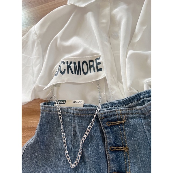 Set áo sơ mi và chân váy jean xoè tầng