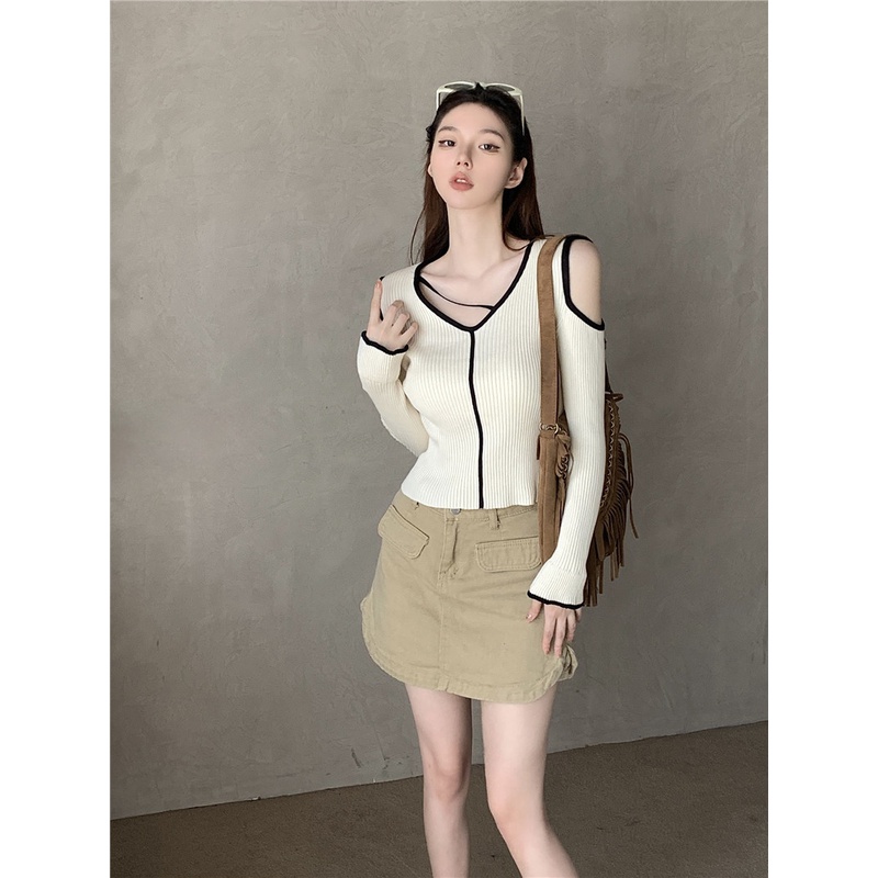 QADCOL  Áo Len Lửng Tay Dài Cổ Chữ V Hở Vai Thời Trang Dành Cho Nữ