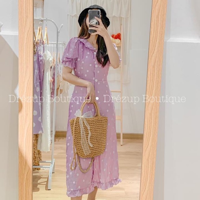 Đầm cúc hoạ mi cổ bèo tay bồng