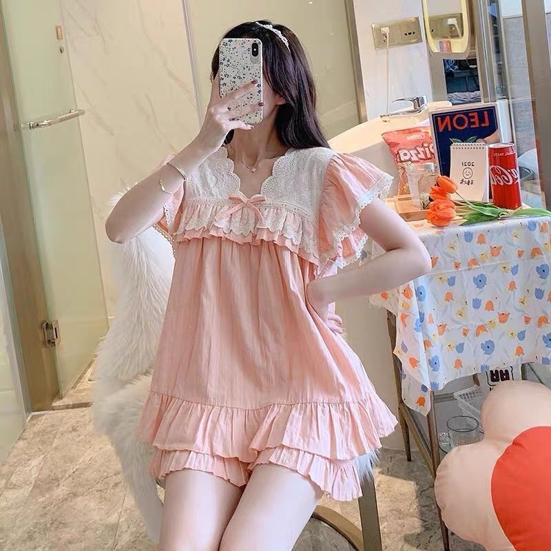 SET BỘ MẶC NHÀ BÁNH BÈO HỒNG REN TRẮNG rẻ nhất shopee