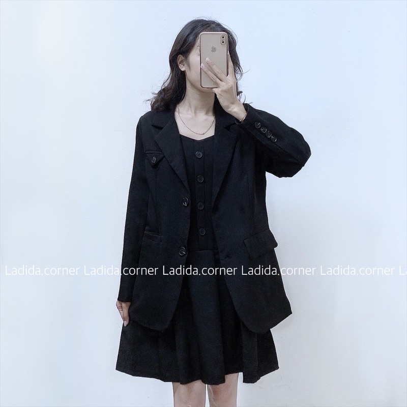 Set Áo váy Áo vest kèm váy 2 dây xếp ly phong cách ulzzang Hàn quốc | BigBuy360 - bigbuy360.vn