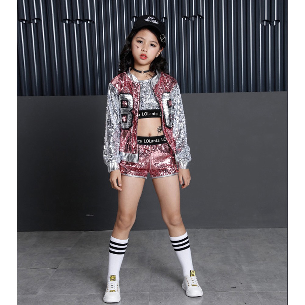 Set quần áo crop-top kèm áo khoác đính kim tuyến lấp lánh 3 món phong cách Hip-hop cho bé gái