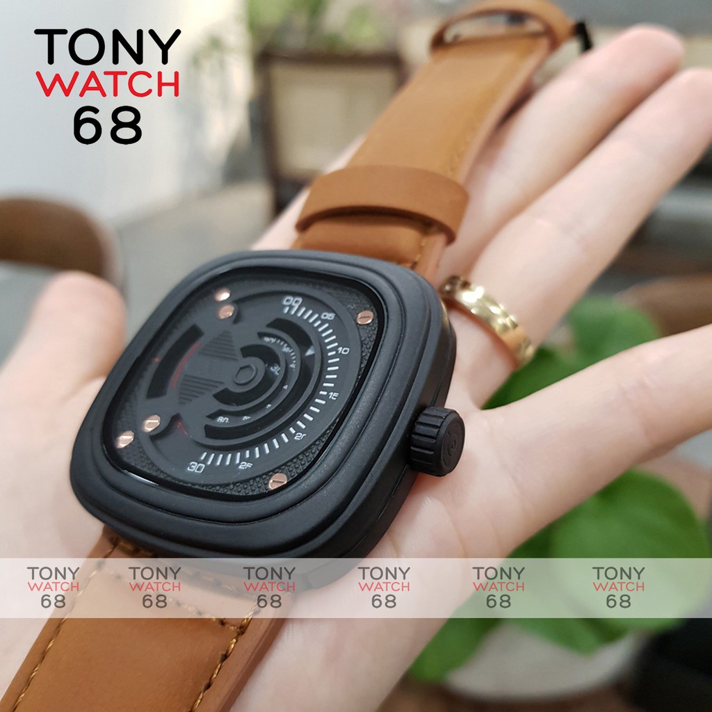 Đồng hồ nam Friday mặt vuông dây da kiểu dáng độc lạ chính hãng Tony Watch 68