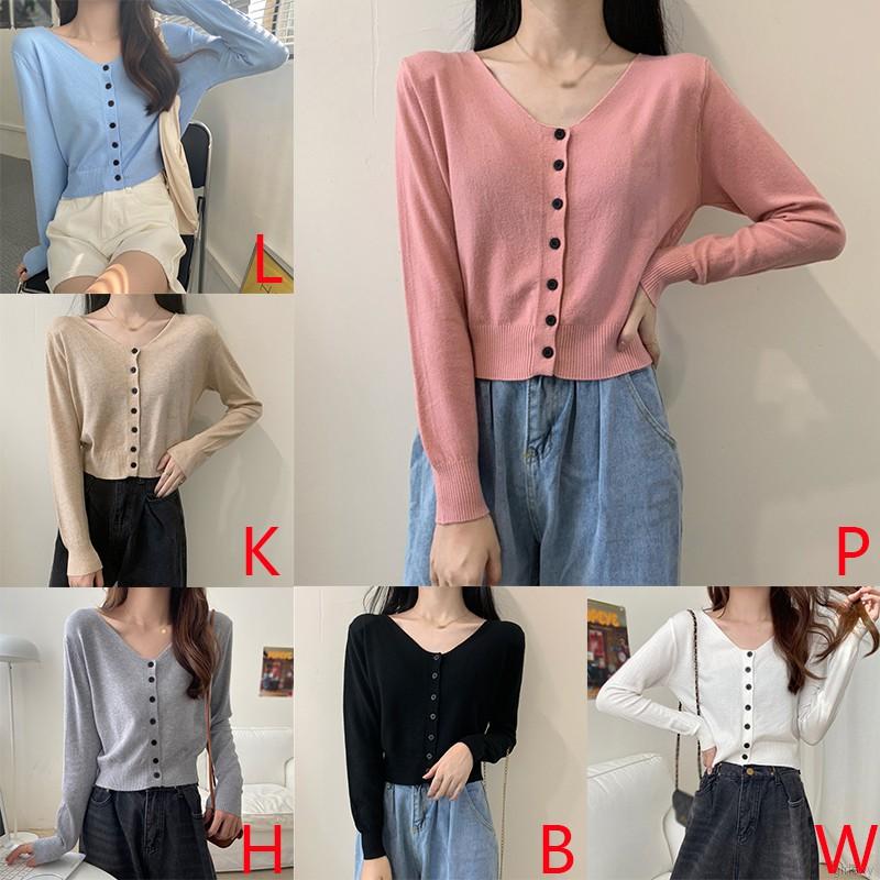 Áo Cardigan Dệt Kim Tay Dài Cổ Chữ V Màu Trơn Thiết Kế Đơn Giản Phong Cách Hàn Quốc Cho Nữ