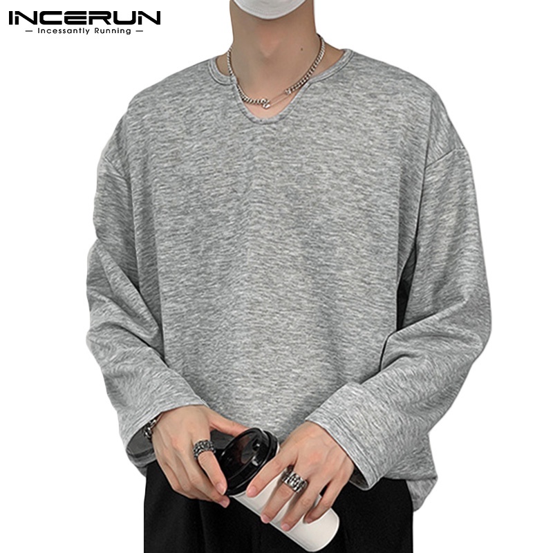 Áo thun Incerun dài tay cổ kiểu màu trơn 3 màu tùy chọn thời trang cho nam