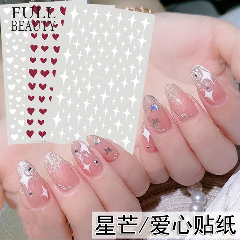 Nhãn Dán Móng Tay 3D Tự Dính Họa Tiết Ngôi Sao Trái Tim Tình Yêu Màu Trắng Phong Cách Mới