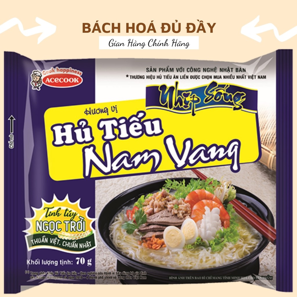 Gói Miến Phú Hương sườn và thịt bằm, gói Bún giò heo Hằng Nga, gói Hủ tiếu Nam Vang, gói Phở bò Hà Nội Cung Đình gói