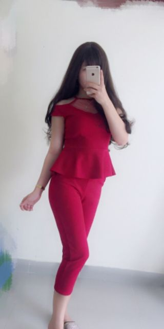 Set bộ peplum cổ yếm phối lưới, HÌNH THẬT 100%