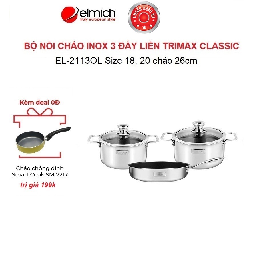 Bộ nồi chảo Inox 304 cao cấp 3 đáy liền nguyên khối Elmich Trimax Classic EL-2113OL Size 18,20