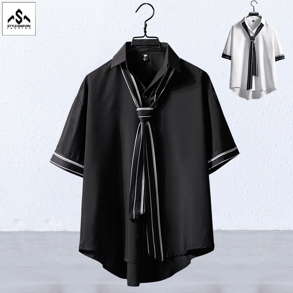 Áo Sơ Mi Nam Nữ Ngắn Tay Cổ Bẻ Phối Cà Vạt Thanh Lịch Stylemarven - SOMI 9000015