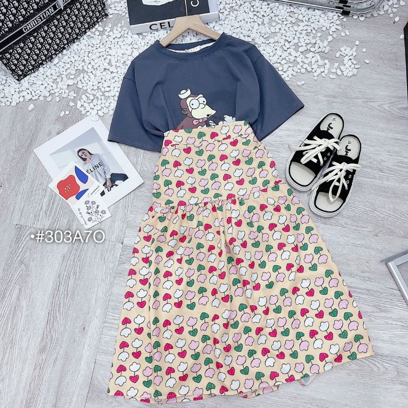Set Váy Maxi Nữ Họa Tiết, Set Áo Thun Hoạt Hình Chân Váy Maxi Họa Tiết Cạp Chun Co Dãn Lụa Mịn Mát
