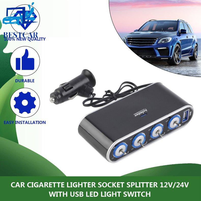 Car Cigarette Lighter Socket Splitter 12V/24V With USB LED Light Switch