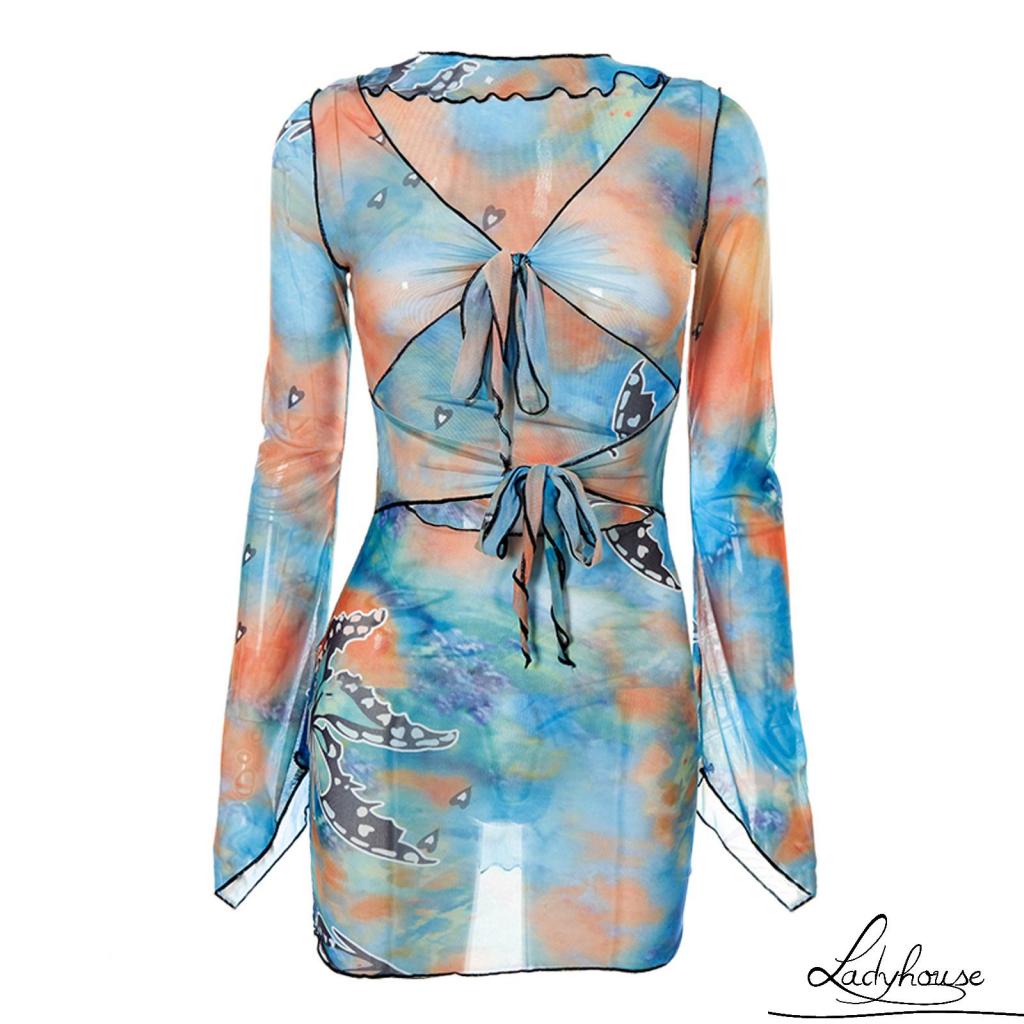 Váy body Tay Dài Cổ Chữ V Khoét Sâu In Họa Tiết Bướm Quyến Rũ Cho Nữ