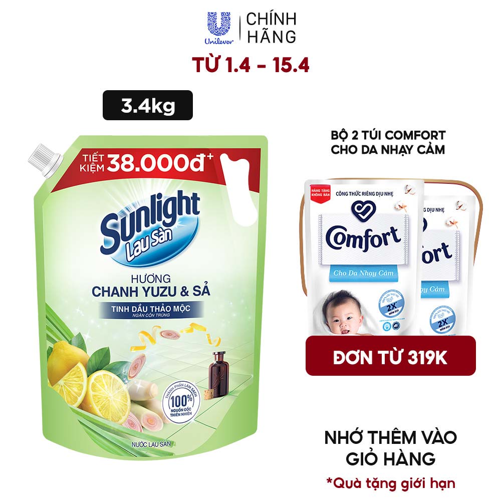 Nước Lau Sàn Sunlight Tinh Dầu Thảo Mộc Hương Chanh Sả Dạng Túi 3.4 Kg