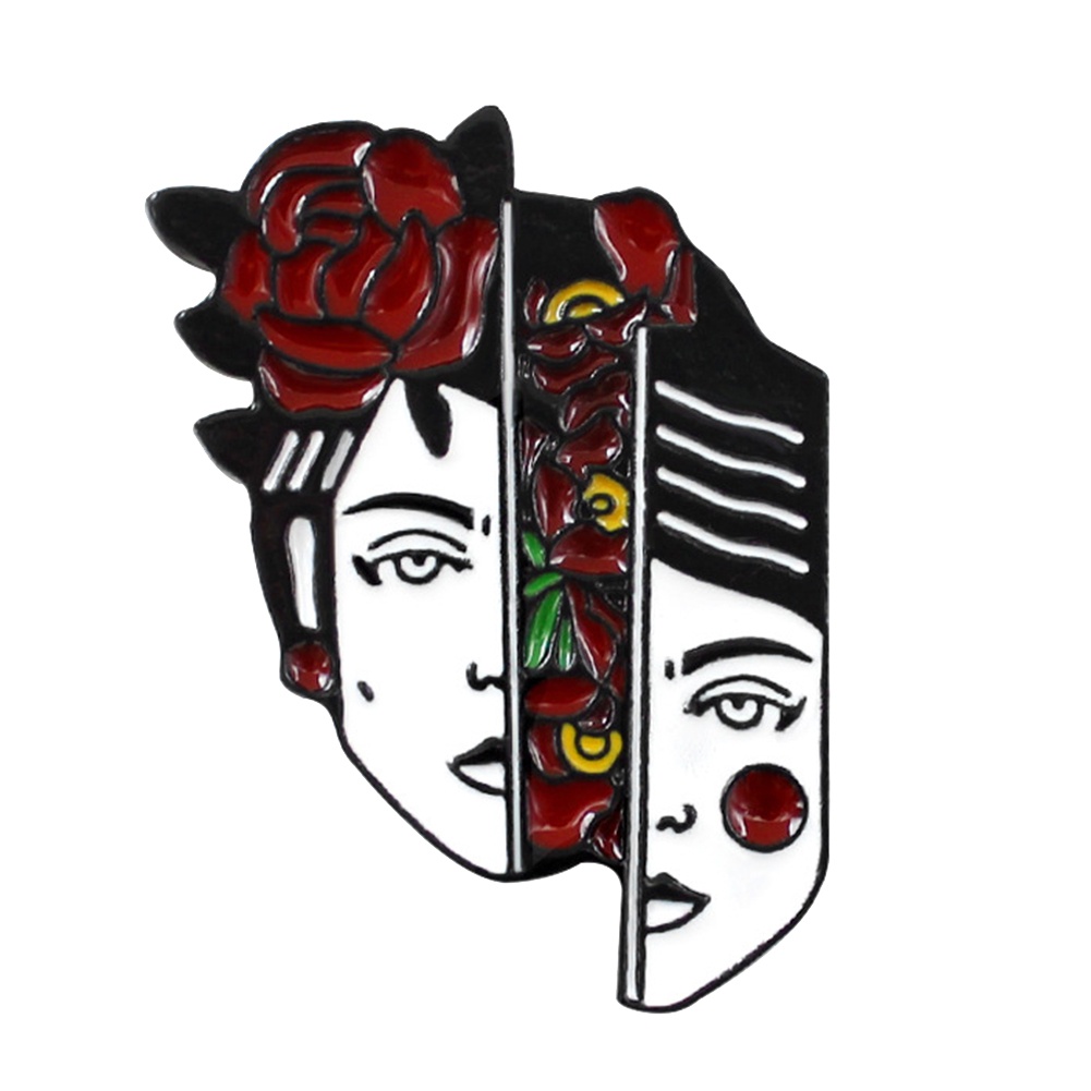 Ghim cài cổ áo hình khuôn mặt phụ nữ lệch với hoa hồng điệu đà