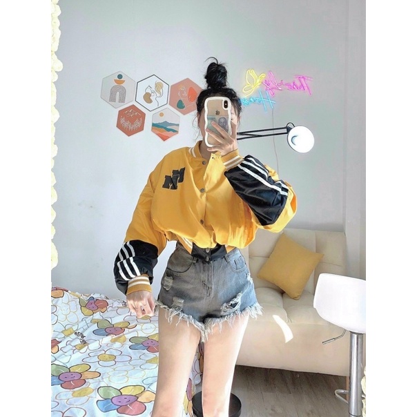 Áo khoác lửng croptop dù 2 lớp in MM phối sọc tay phồng cánh dơi unisex ulzzang nam nữ