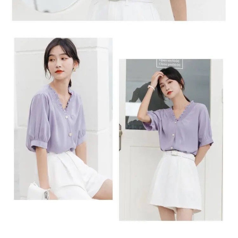 Áo Sơ Mi Voan Cổ Chữ V In Họa Tiết Hoa Oải Hương Phong Cách retro Pháp Dành Cho Nữ