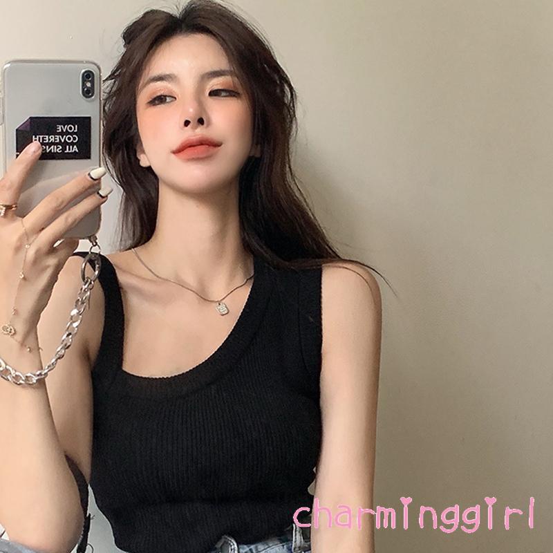QAQ-Women´s Knitting Ribbed Vest Solid Color Sleeveless Irregular Neck Slim Fit Tank Tops Leisure Camisole