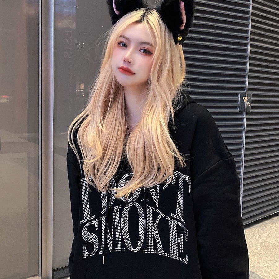 COZOK Áo Hoodie tay dài form rộng họa tiết kim cương phong cách hiphop