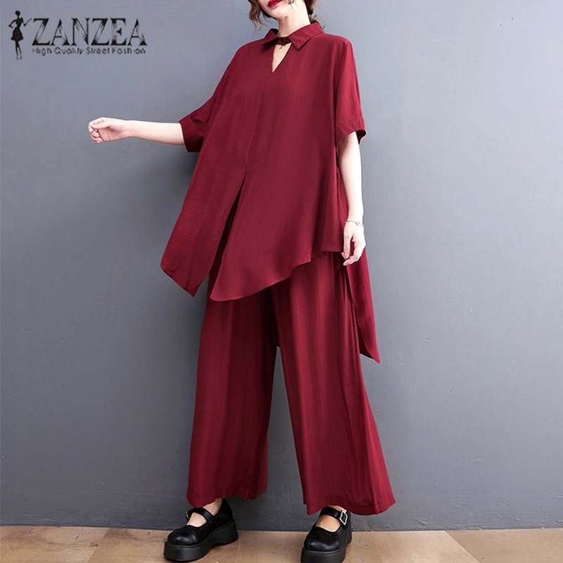 Set áo sơ mi tay ngắn và quần dài lưng thun ống rộng Zanzea phong cách retro cho nữ