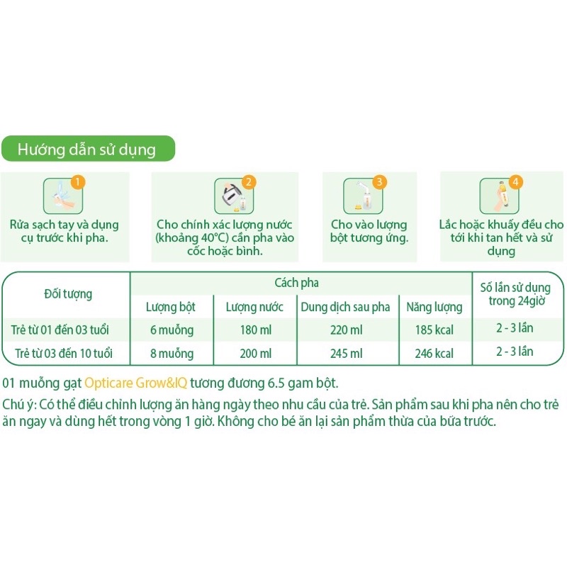 Sữa Opticare Grow &amp; IQ 380g, 850g - Phát triển chiều cao trí não cho bé (1-10 tuổi)