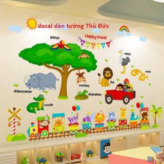 Combo 2 bức kết hợp decal dán tường thú tiếng anh và đoàn tàu thú