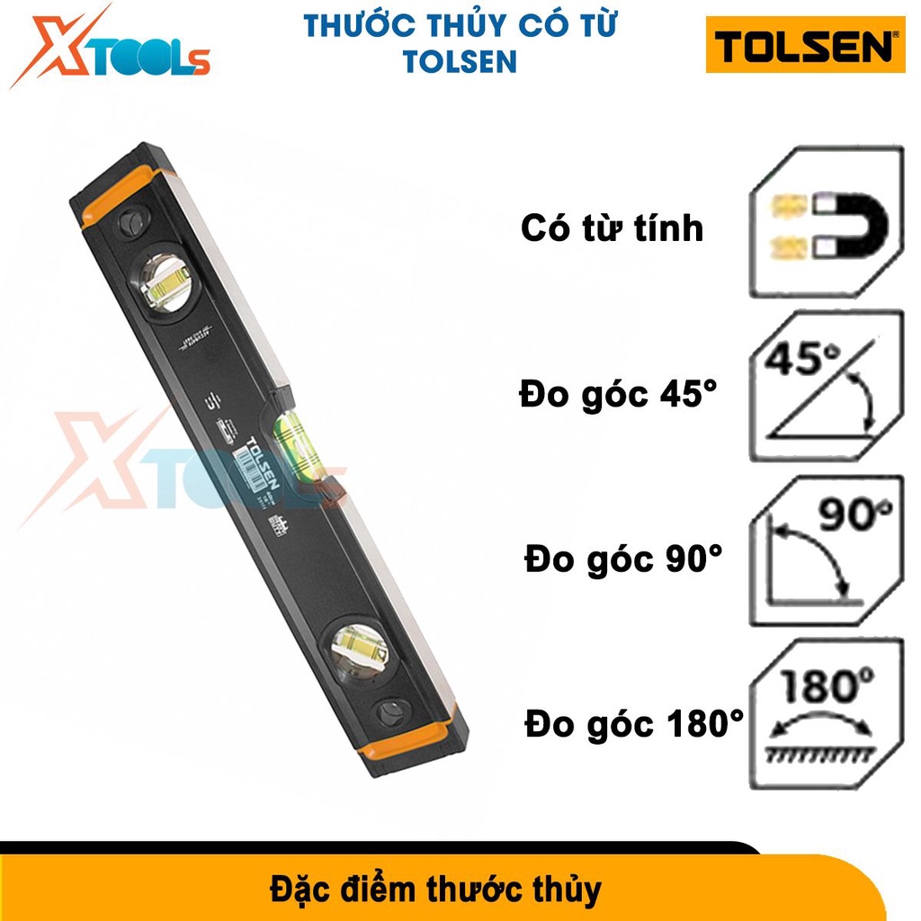 Thước thủy nivo Tolsen kích thước 60-120cm có từ tính, khung nhôm chắc tay đo được 3 góc độ cân bằng[CHÍNH HÃNG][XTOOLS]