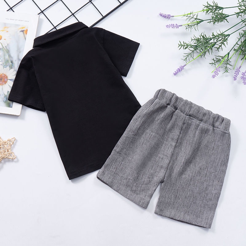 Bộ Áo Sơ Mi Cotton Tay Ngắn Giả Hai Lớp + Quần Đùi Phong Cách Hàn Quốc Thời Trang Mùa Hè Cho Bé Trai