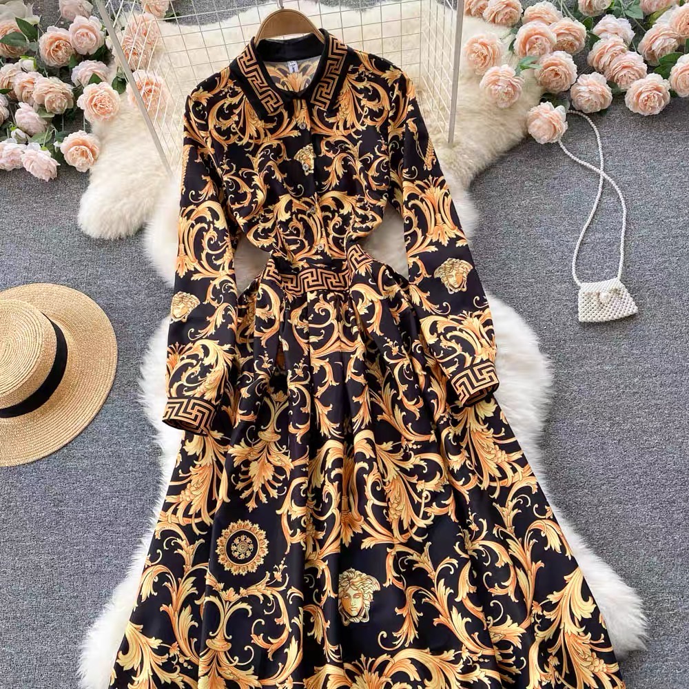 Đầm dự tiệc thiết kế họa tiết print Quảng Châu cao cấp váy lụa dài thương hiệu thời trang D&R D125