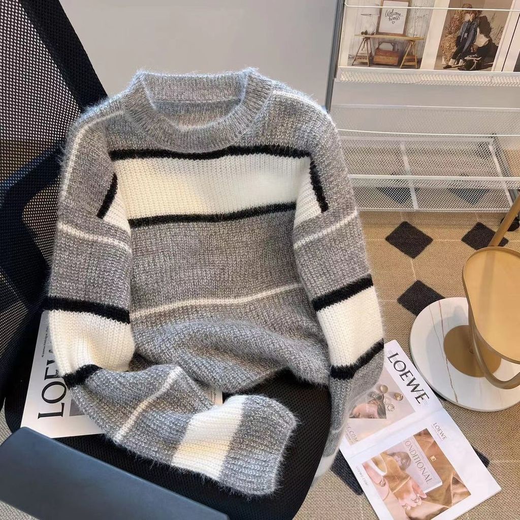 Áo Len Ngắn Dáng Rộng Họa Tiết Kẻ Sọc Màu Sắc Tương Phản Thời Trang Thu Đông Phong Cách Hàn Quốc Cho Nữ
