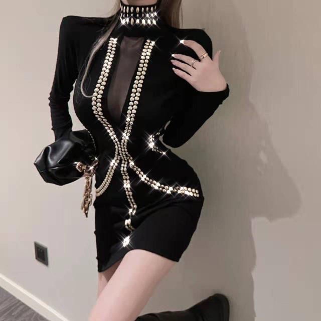 Đầm Dự Tiệc Màu Đen Phối Lưới Đính Đá Thời Trang Sang Trọng Cho Nữ