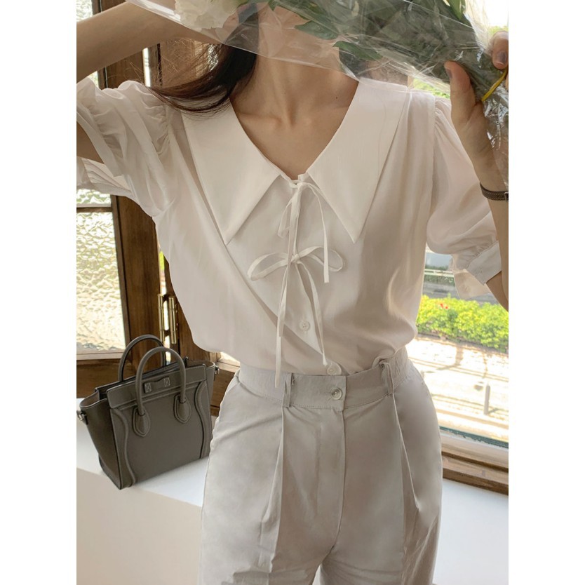 Áo sơ mi tay phồng cột dây phong cách Hàn Quốc dễ thương cho nữ 44028