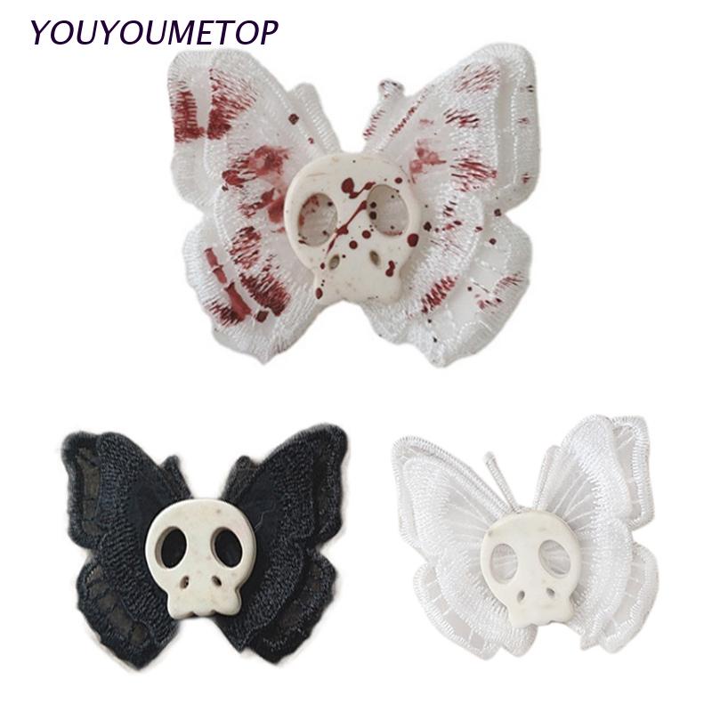 Kẹp tóc mỏ vịt họa tiết bướm phối đầu lâu phong cách lolita gothic thời trang halloween nhiều màu sắc