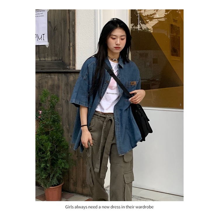 ○Áo Sơ Mi Denim Tay Ngắn Dáng Rộng Phong Cách Hồng Kông Thời Trang Mùa Hè Cho Nữ