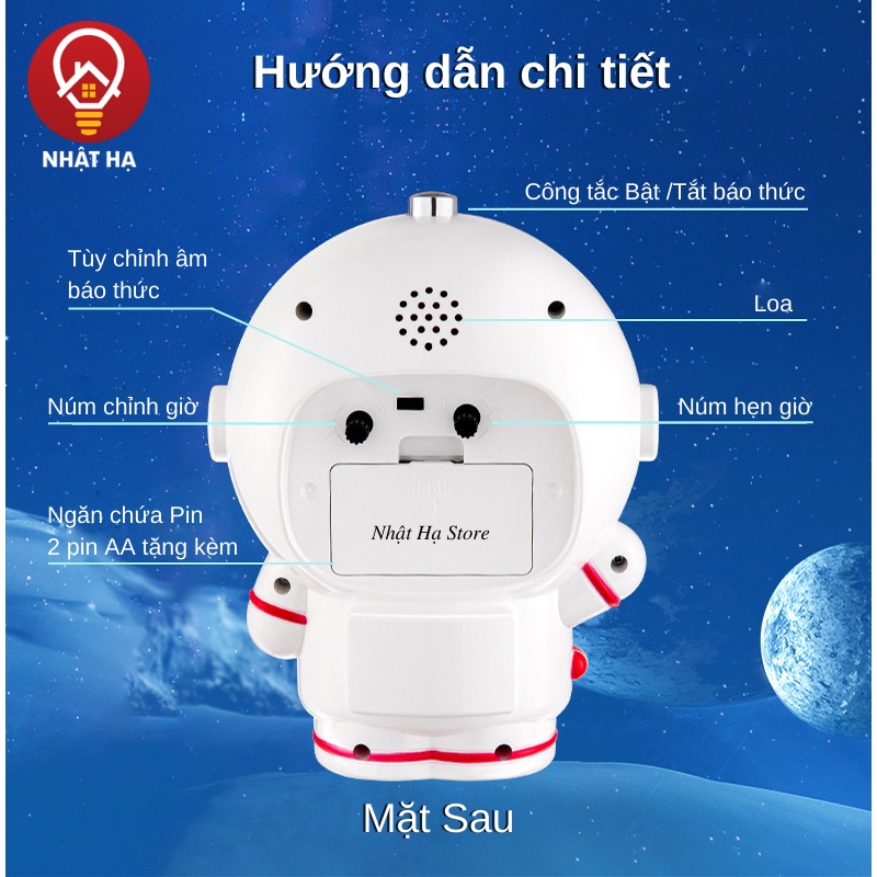 Đồng Hồ Báo Thức Phi Hành Gia Cute cho bé Decor trang trí bàn học - Âm báo thức kép, động cơ kim trôi có đèn
