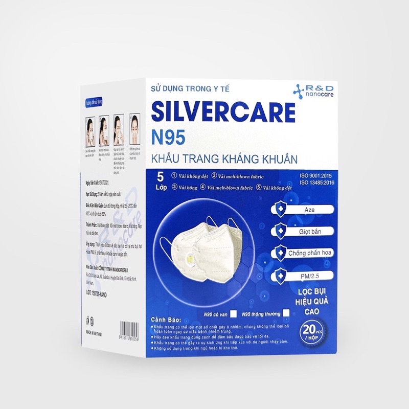 Khẩu Trang Y Tế Kháng Khuẩn N95 SILVERCARE Không Van (hộp 20 chiếc)
