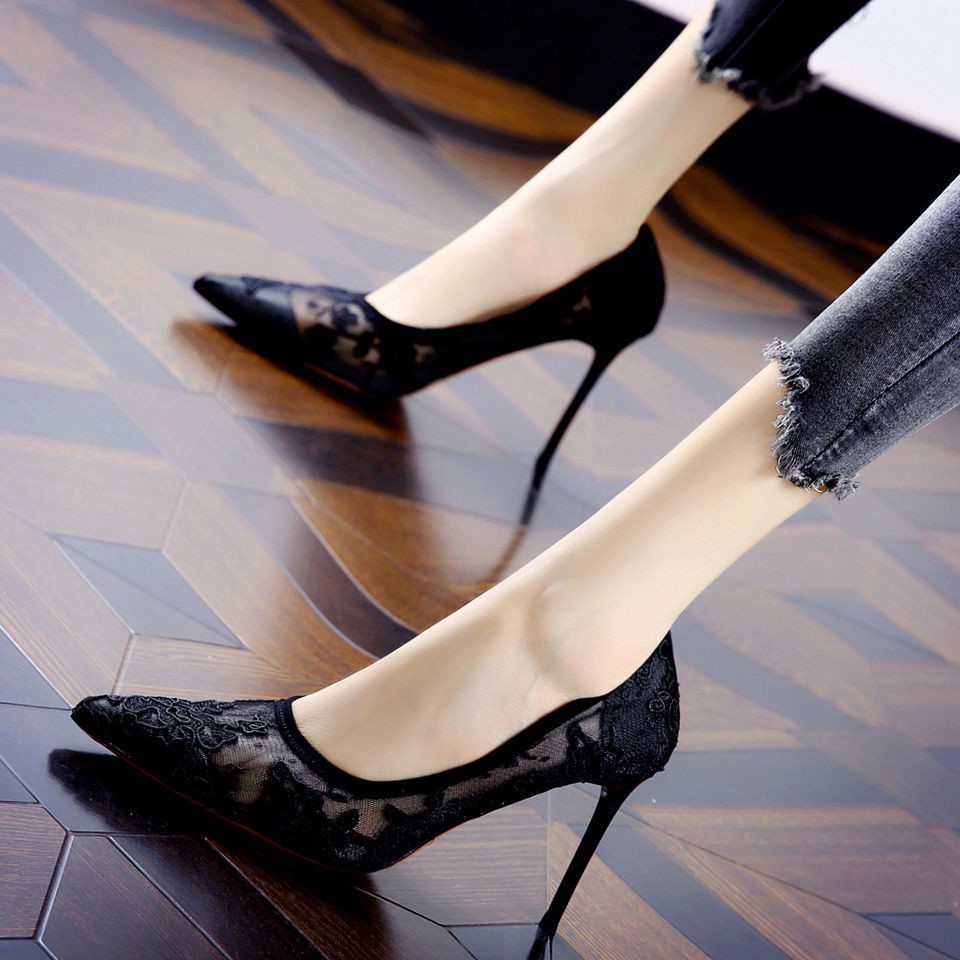 ✣℡∋Korean dress net yarn breathable pointed banquet single shoes female spring/summer 2021 new elegant stiletto high heels