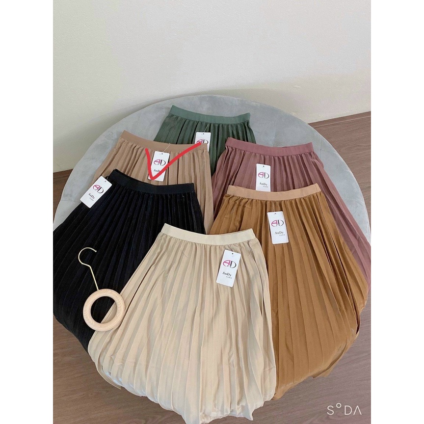 Chân váy xếp ly dáng dài cạp thun, chân váy xếp ly dài qua gối hàng Quảng Châu