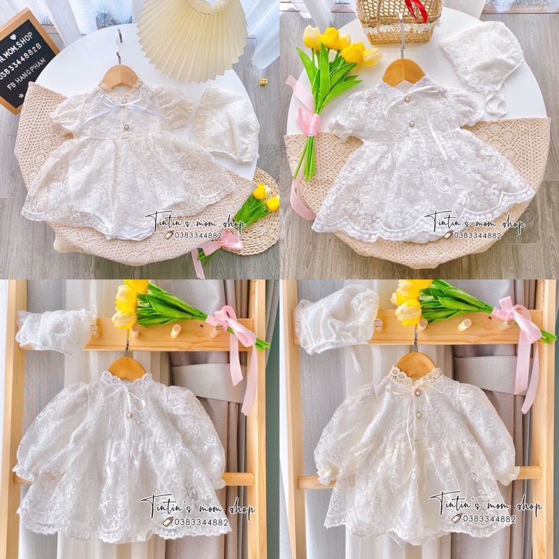 Set váy công chúa trắng thiết kế ren hoa nhí cho bé gái đầy tháng/ thôi nôi