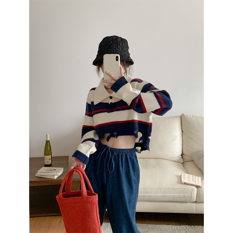 Áo Thun Polo Dệt Kim Tay Dài Họa Tiết Kẻ Sọc Màu Tương Phản Phong Cách Vintage Dành Cho Nữ