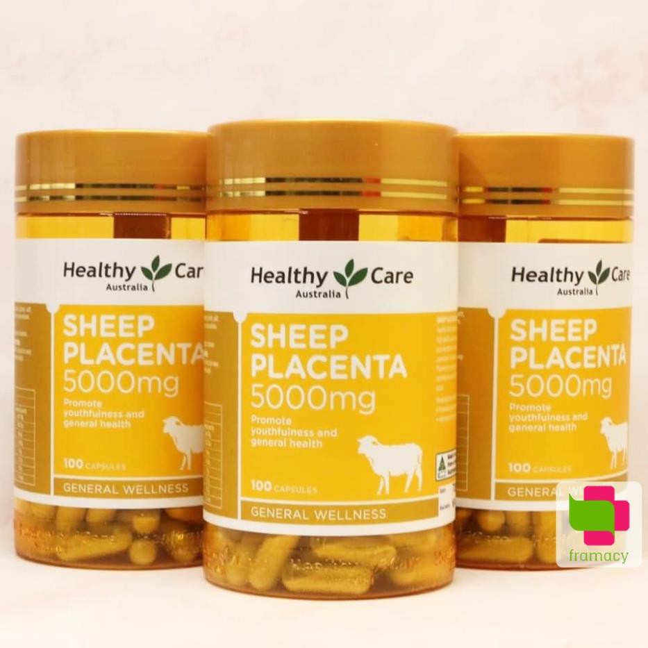 Nhau Thai Cừu Healthy Care Sheep Placenta 5000mg, Úc (100v) giúp da sáng bóng mịn màng cho người trên 18 tuổi