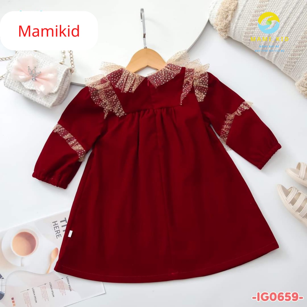 Váy Dự Tiệc Diện Tết, Váy Đỏ Xinh Cho Bé Thu Đông Chất Liệu Nhung siêu đẹp, tôn dáng Shop Mamikid