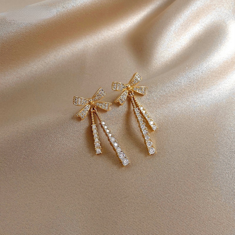 Bông Tai Mạ Bạc 925 Hình Nơ Tua Rua Đính Đá Thời Trang Hàn Quốc Cho Nữ