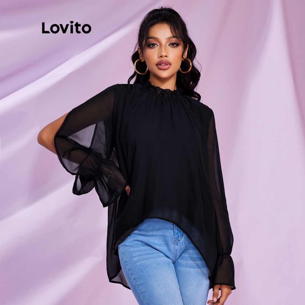 váy đầm (Lovito Exclusive) STIPPLING WORLD Tay áo chia đôi trơn Bình thường L28LE021 (Đen)