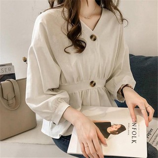 Áo sơ mi cài nút bo eo cổ V cho nữ